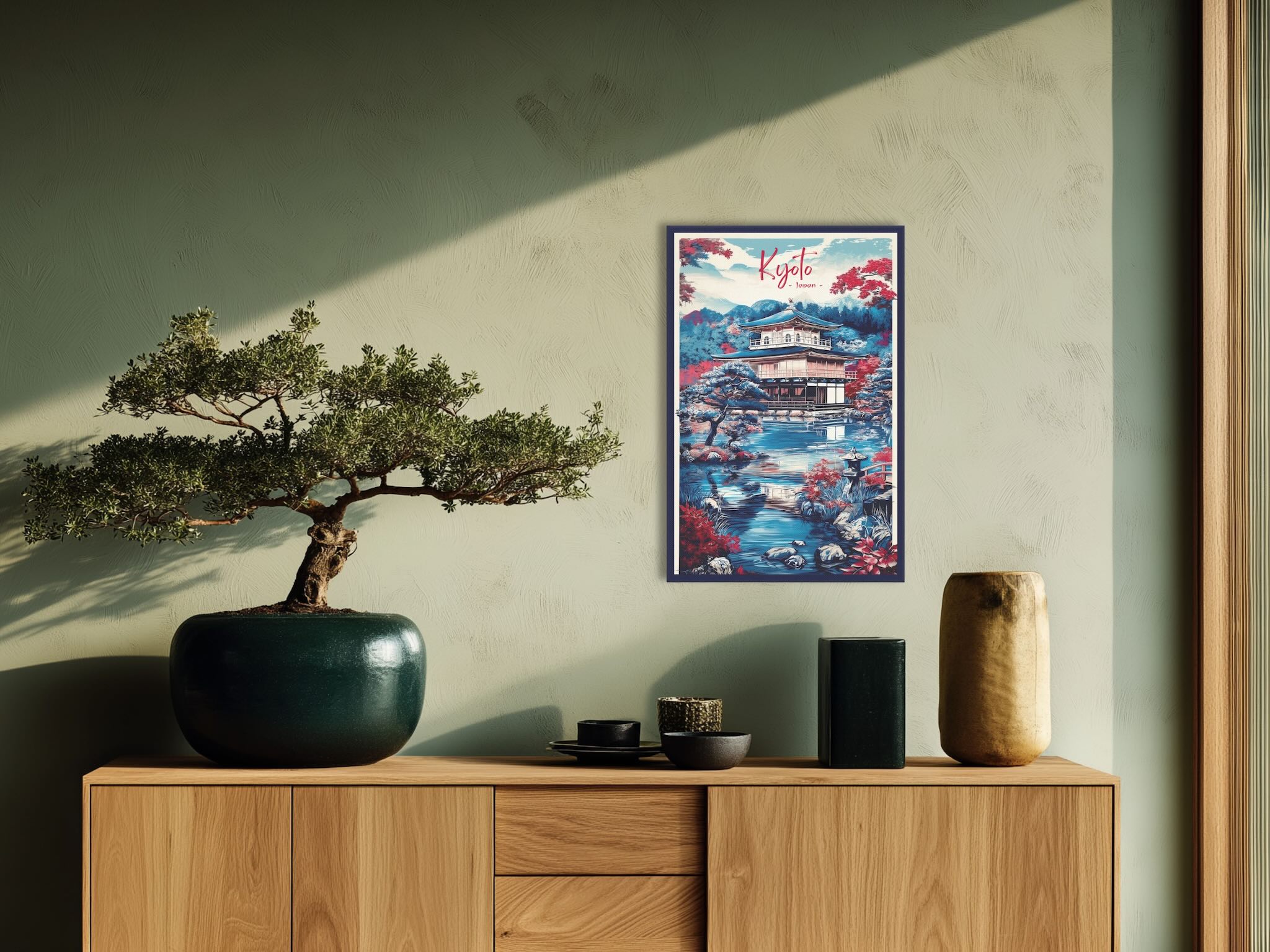Modern Ukiyo-e inspired Kinkaku-ji temple landscape canvas in hallway