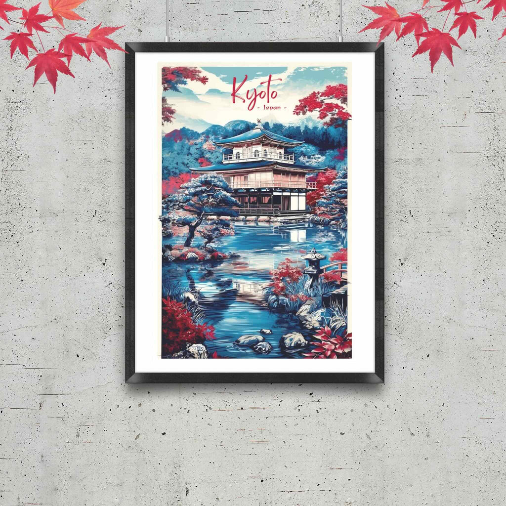 Modern Ukiyo-e inspired Kinkaku-ji temple landscape poster in black frame