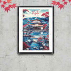 Modern Ukiyo-e inspired Kinkaku-ji temple landscape poster in black frame