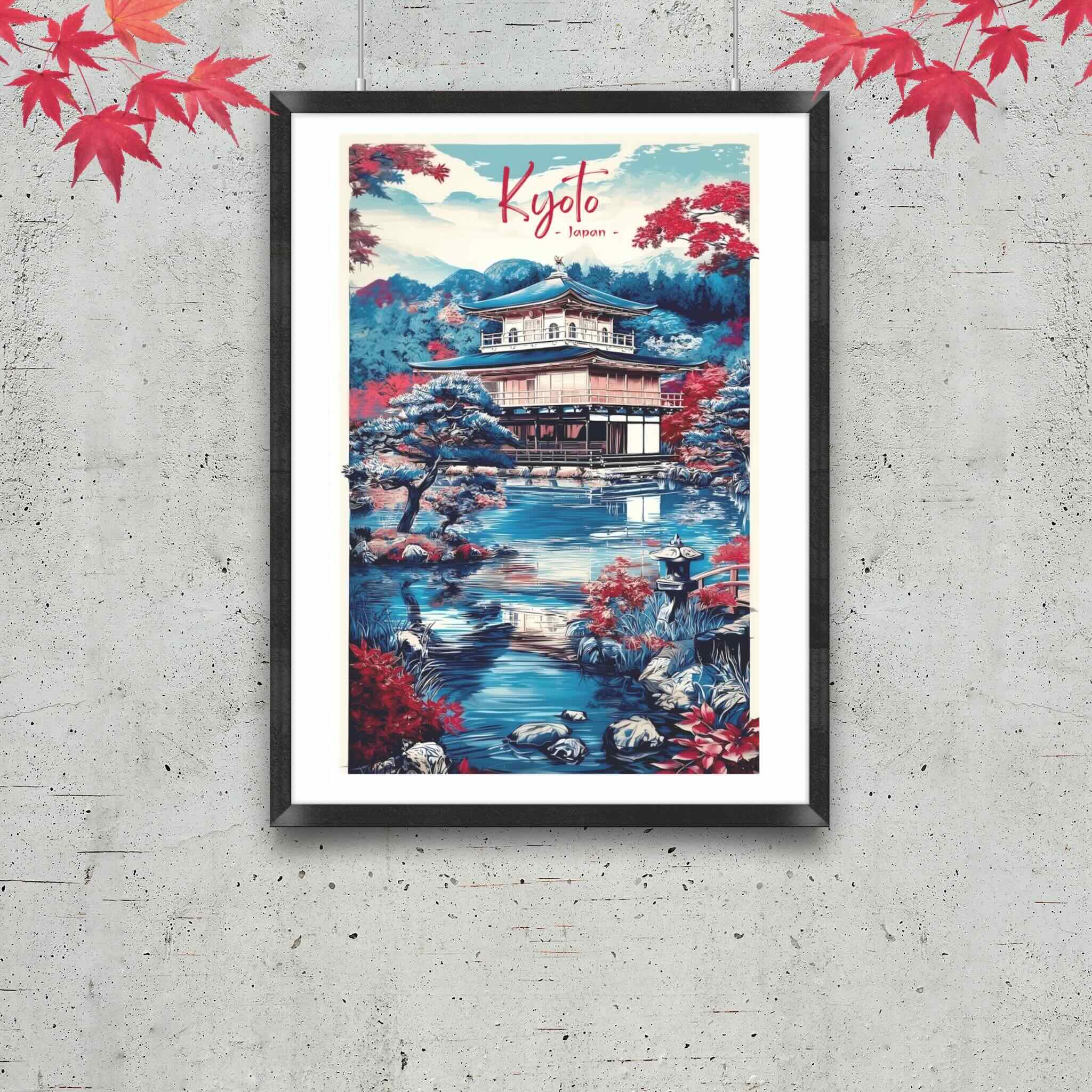 Modern Ukiyo-e inspired Kinkaku-ji temple landscape poster in black frame