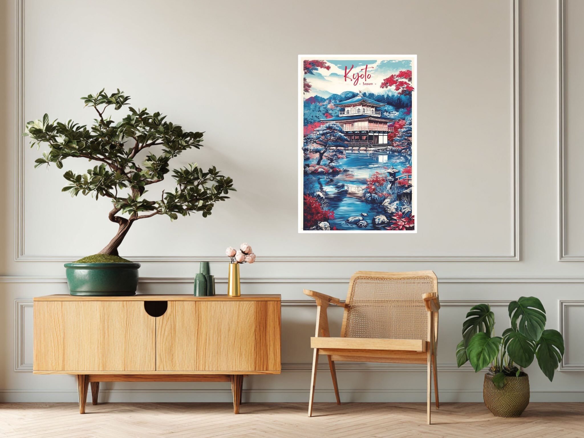 Vertical poster of Kyoto Golden Pavilion with lively reflections on living room wall