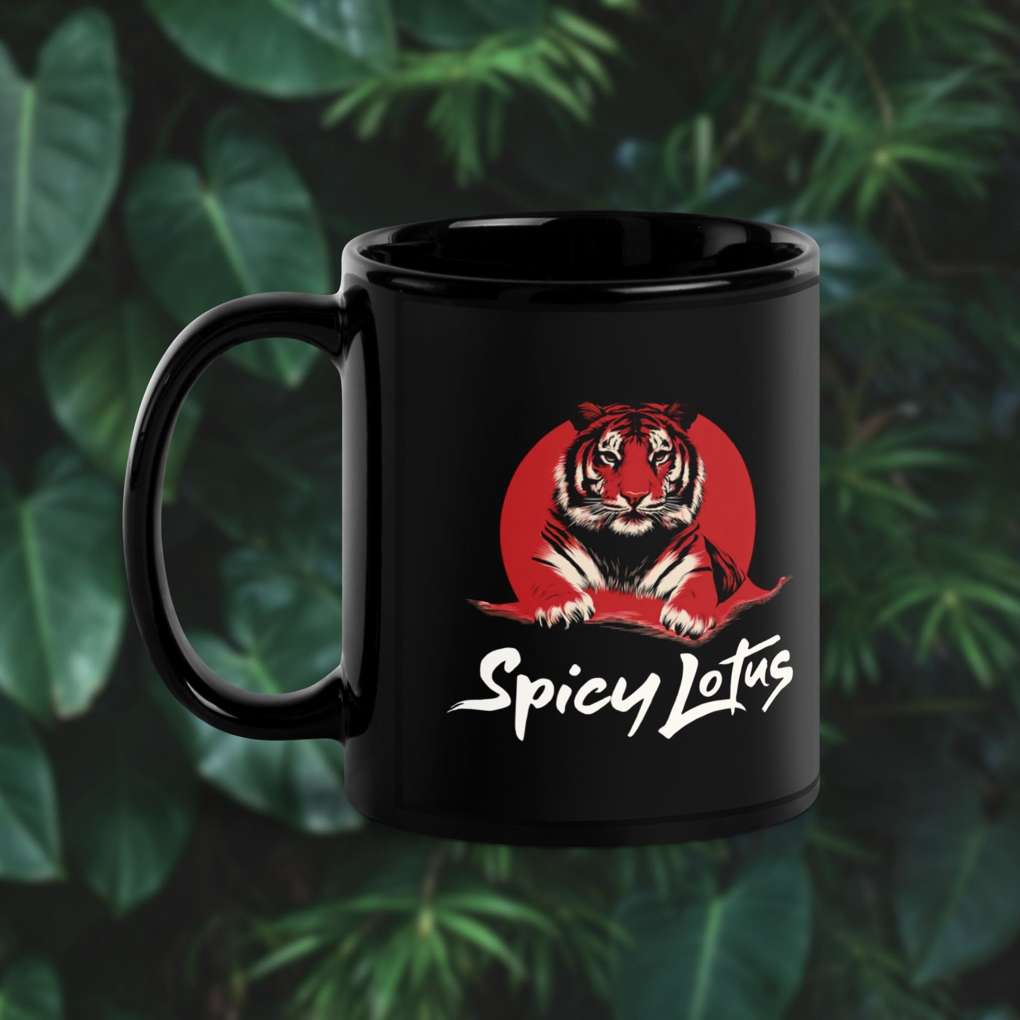 Black mug with a tiger design and 'Spicy Lotus' text on a green leafy background