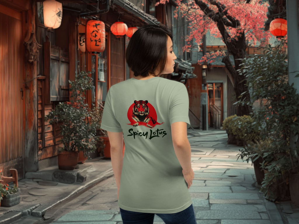 Woman wearing a t-shirt with 'Spicy Lotus' design in an japanese street setting