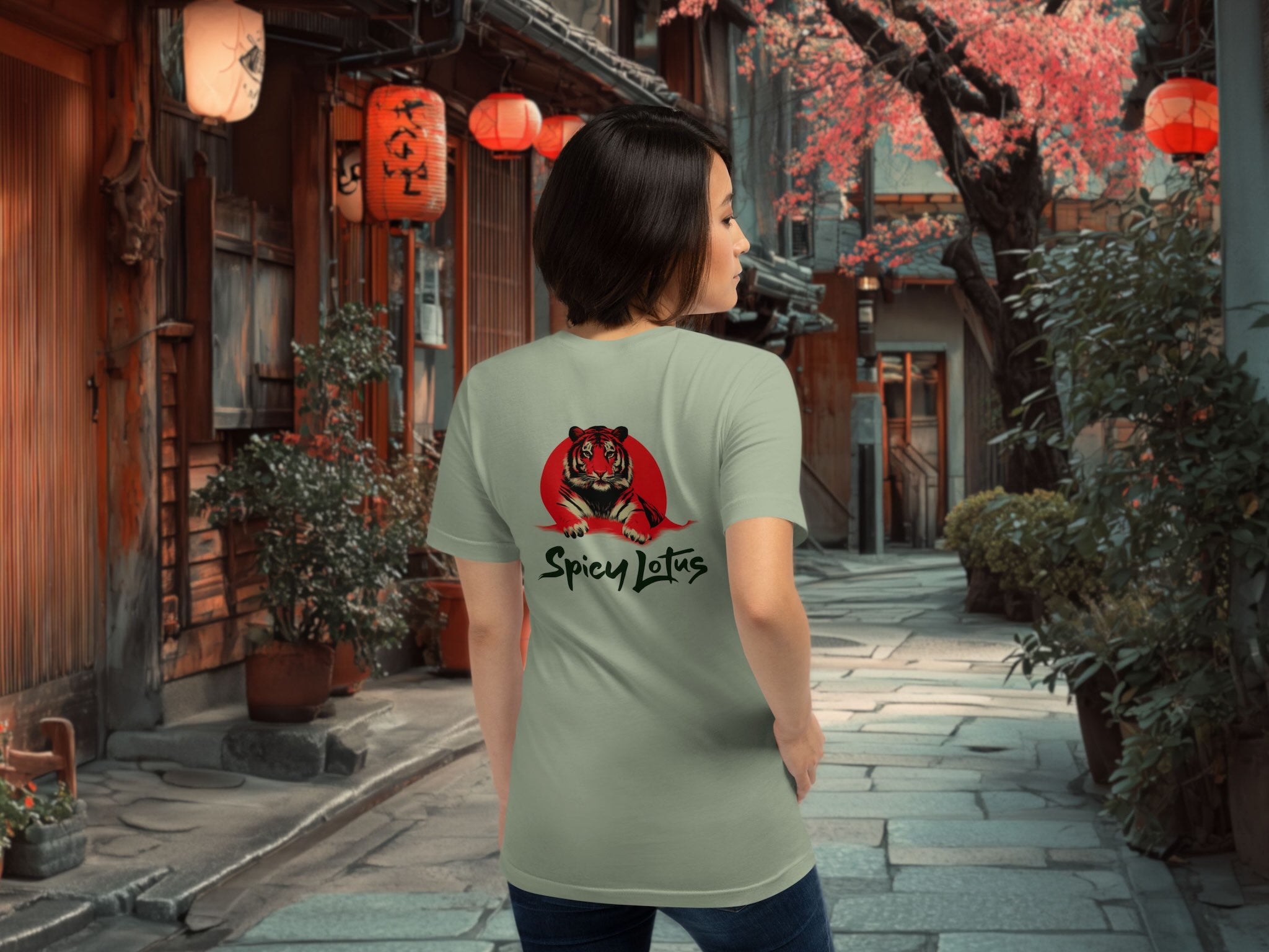 Woman wearing a t-shirt with 'Spicy Lotus' design in an japanese street setting