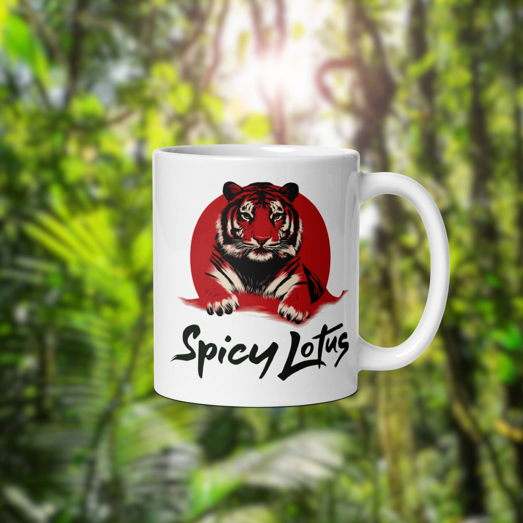 White mug with a tiger design and 'Spicy Lotus' text against a green forest background