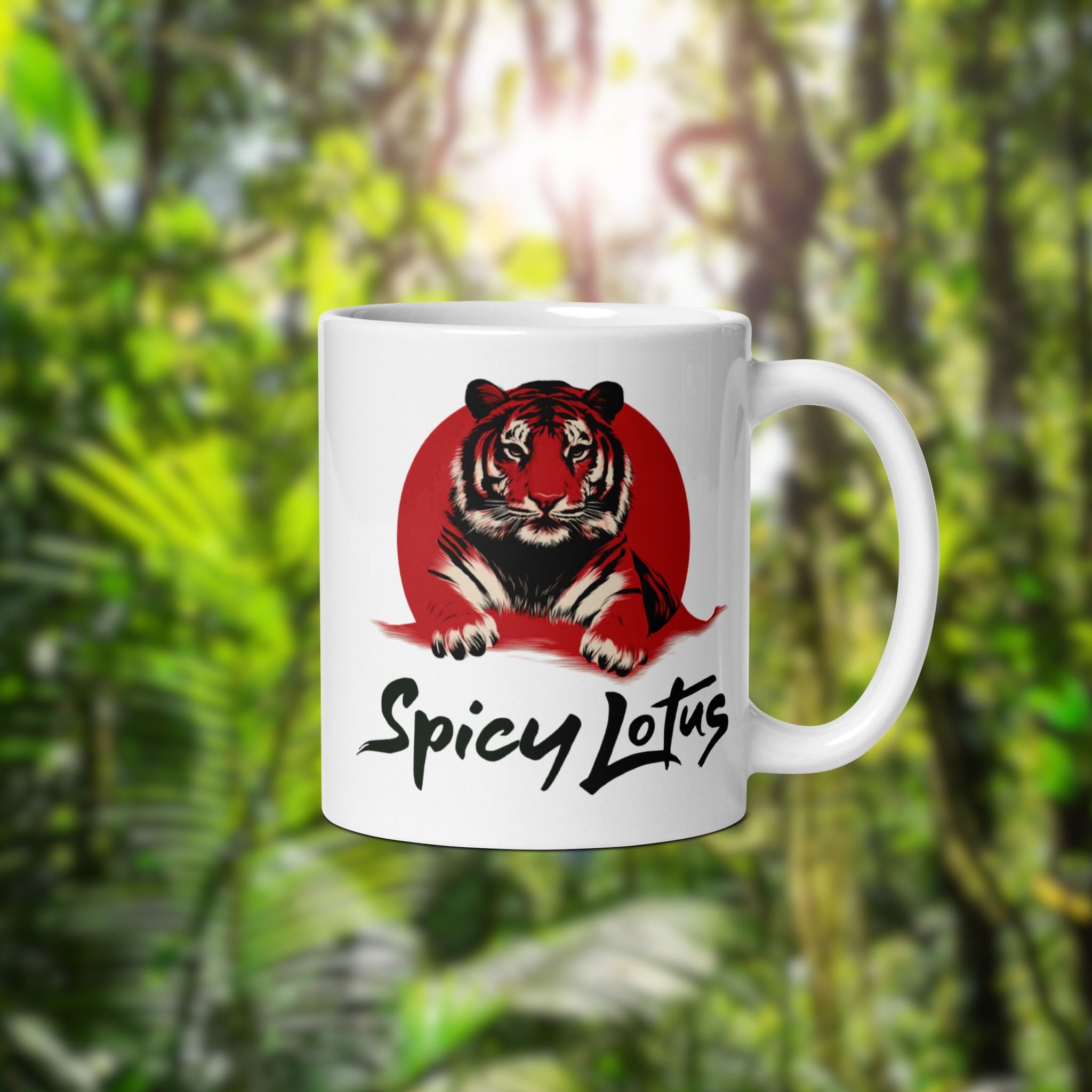 White mug with a tiger design and 'Spicy Lotus' text against a green forest background