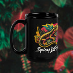 Black 15 oz mug with colorful lizard design and 'Spicy Lotus' text on a dark background