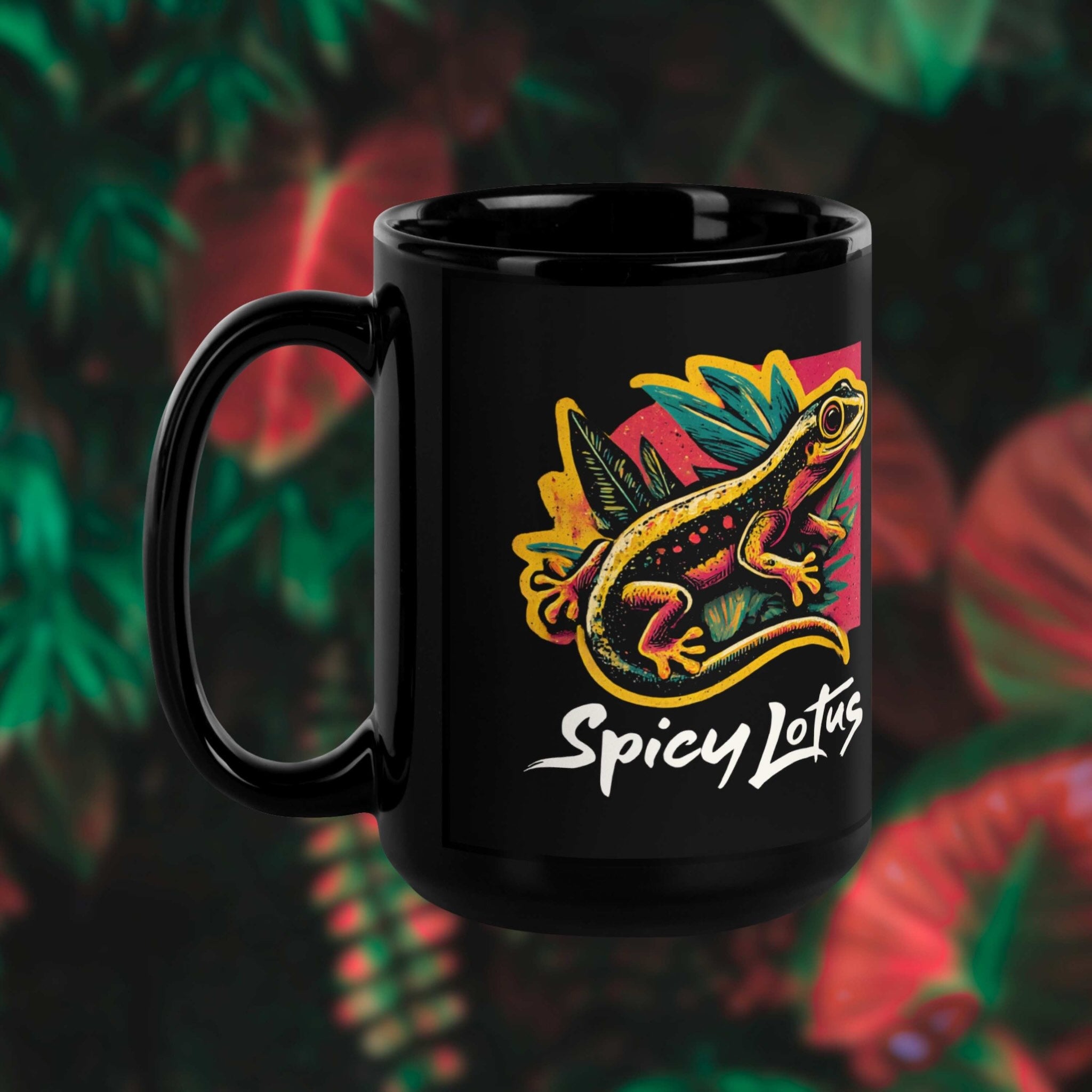 Black 15 oz mug with colorful lizard design and 'Spicy Lotus' text on a dark background