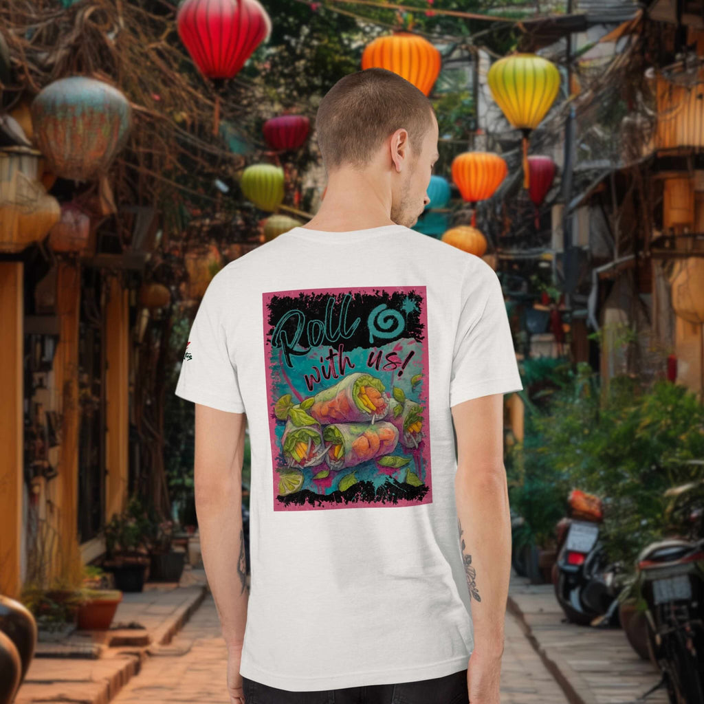 Person wearing a white t-shirt with a colorful graphic of vietnamese summer rolls on the back, standing in an outdoor setting with lanterns.