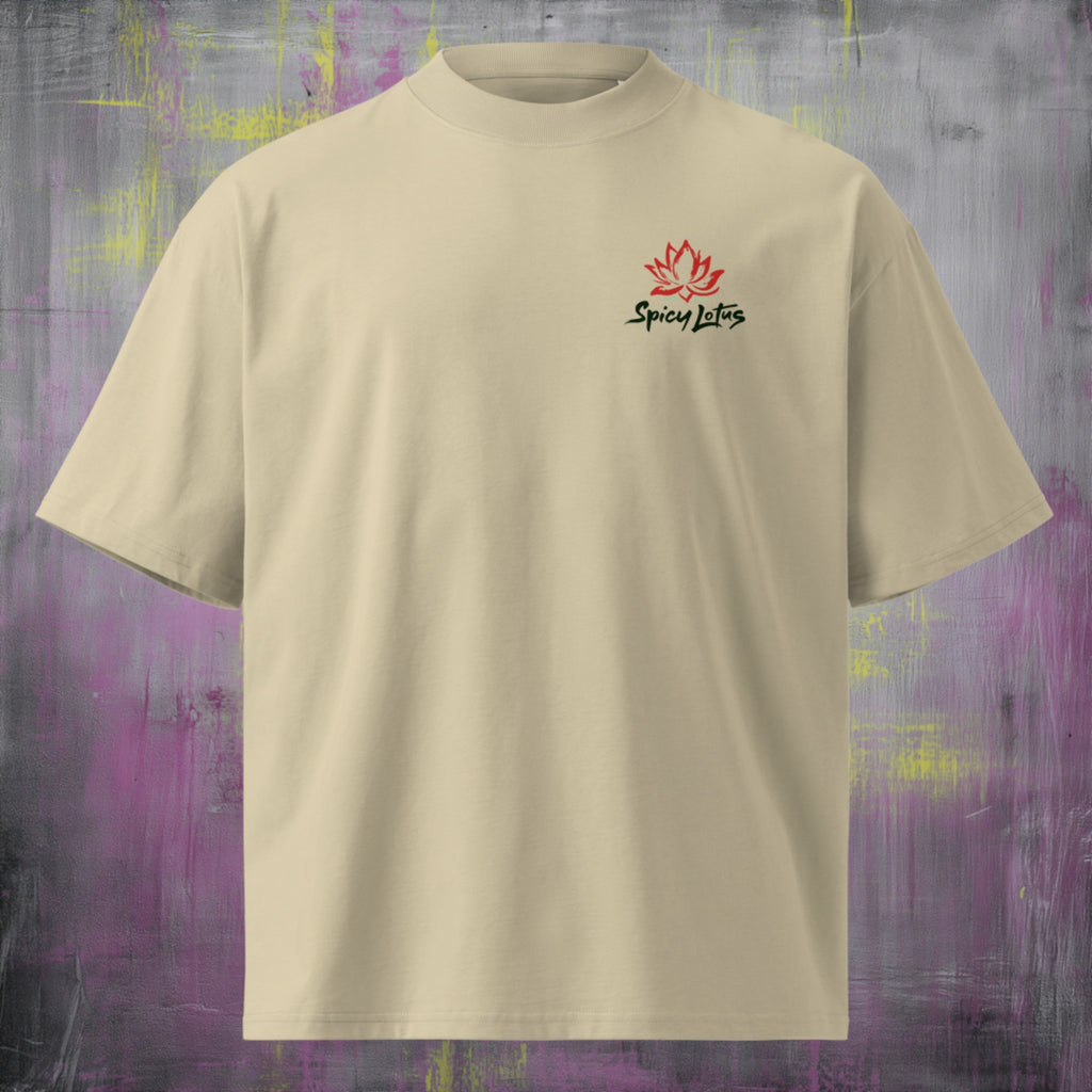 Small left chest logo on Roll With Us oversized organic tee