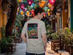 Model wearing Roll With Us t-shirt on sunny city stroll