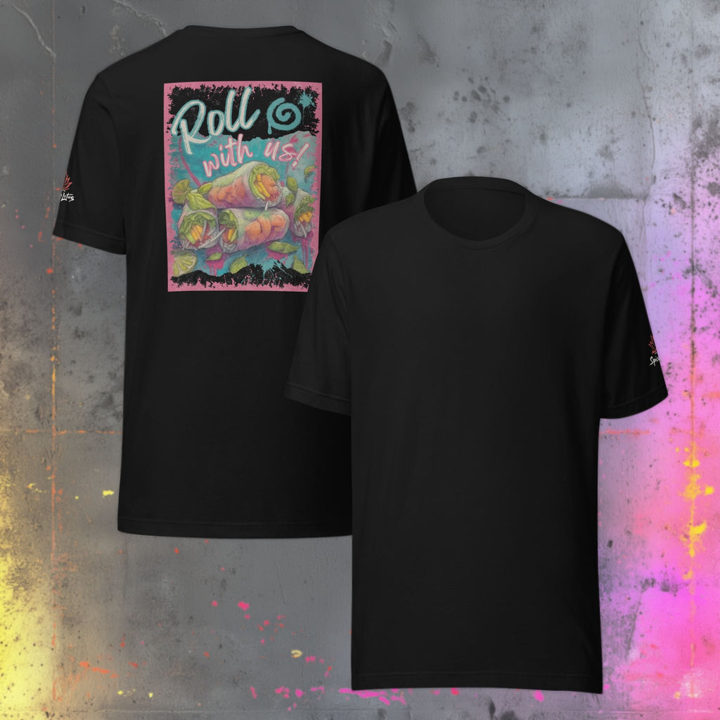 Roll With Us Vietnamese summer rolls ghost t-shirt front/back view