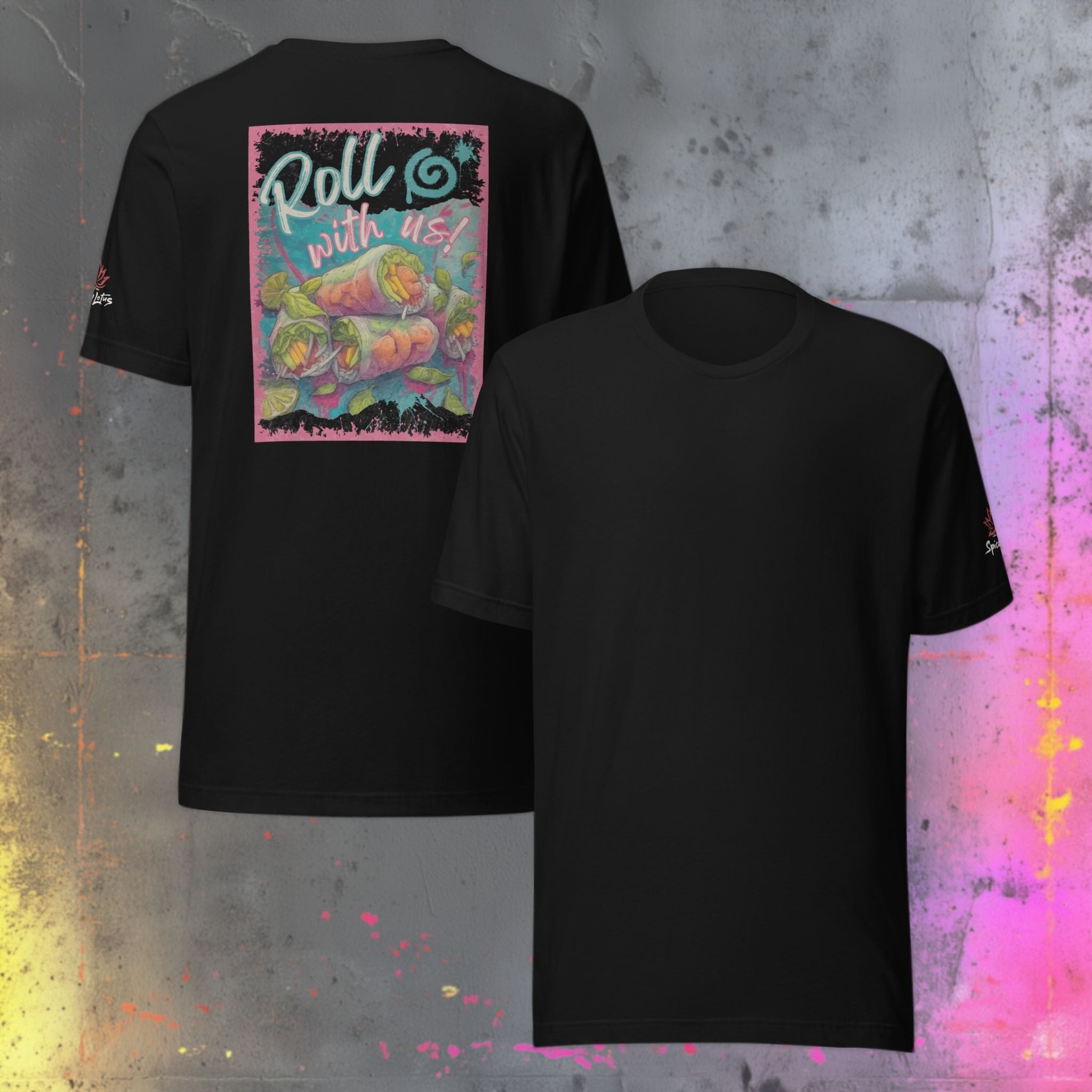 Roll With Us Vietnamese summer rolls ghost t-shirt front/back view