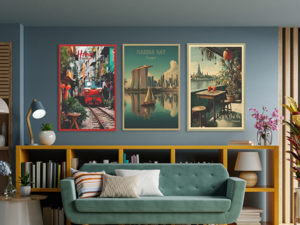 Three travel canvas from Vietnam, Singapore and Thailand on living room wall