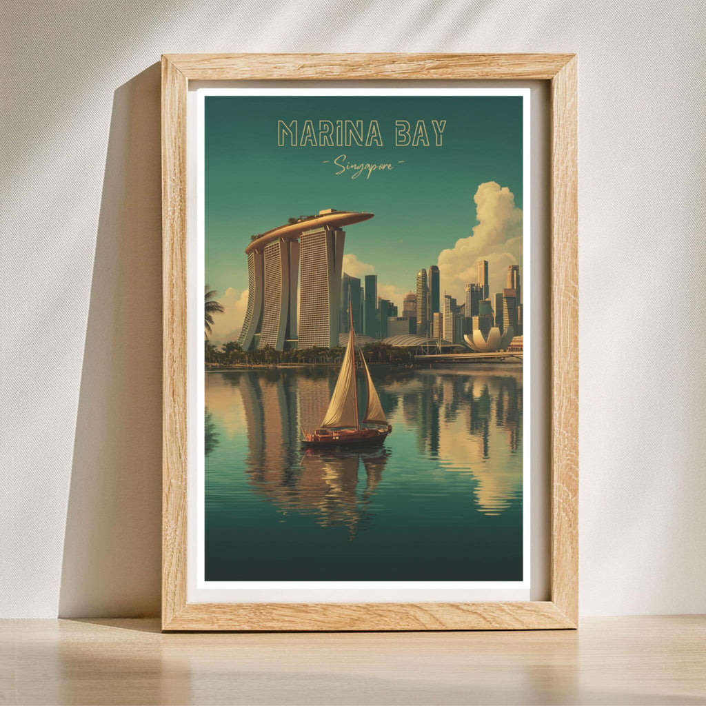 Singapore cityscape wall art with single sailboat in wooden frame
