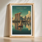 Singapore cityscape wall art with single sailboat in wooden frame