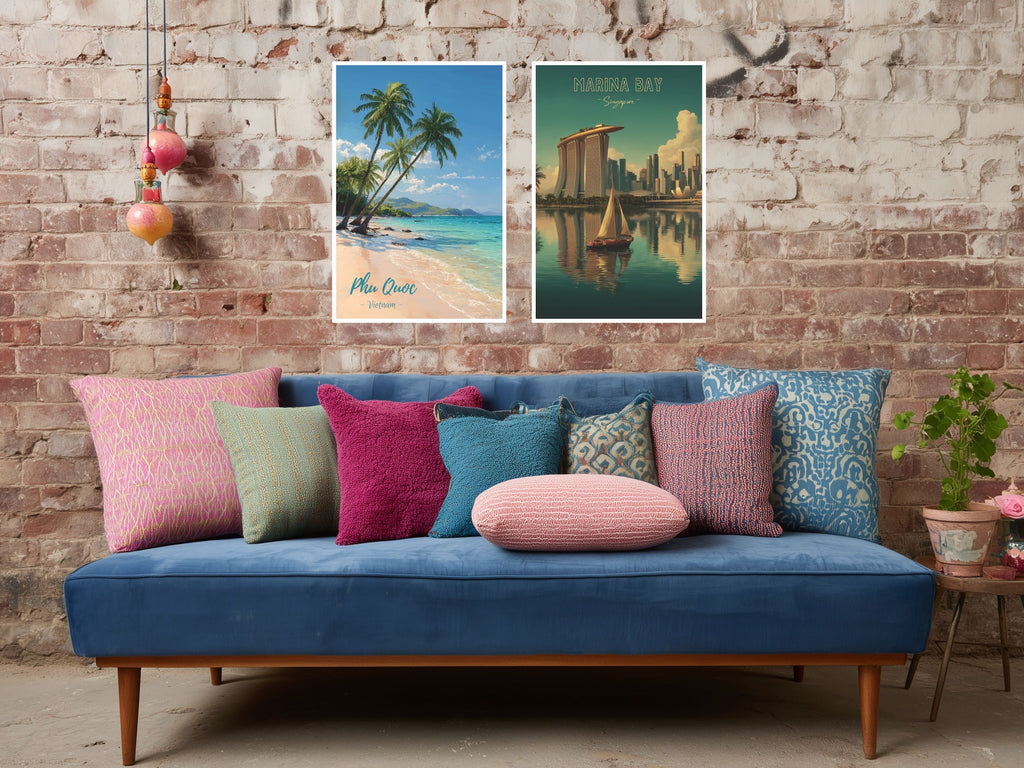 Two travel posters showing Singapore and Phu Quoc in living room setup