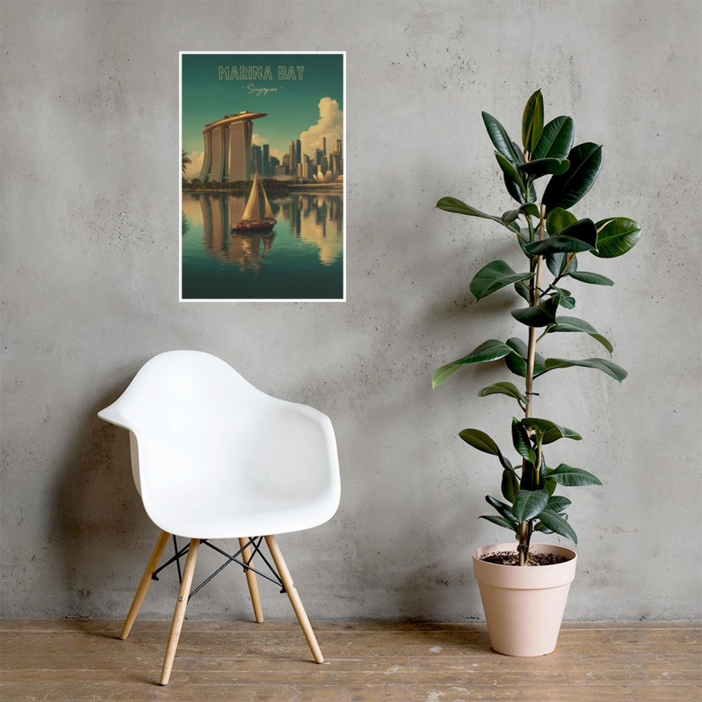Vertical Marina Bay poster with muted natural colors attached to hallway wall