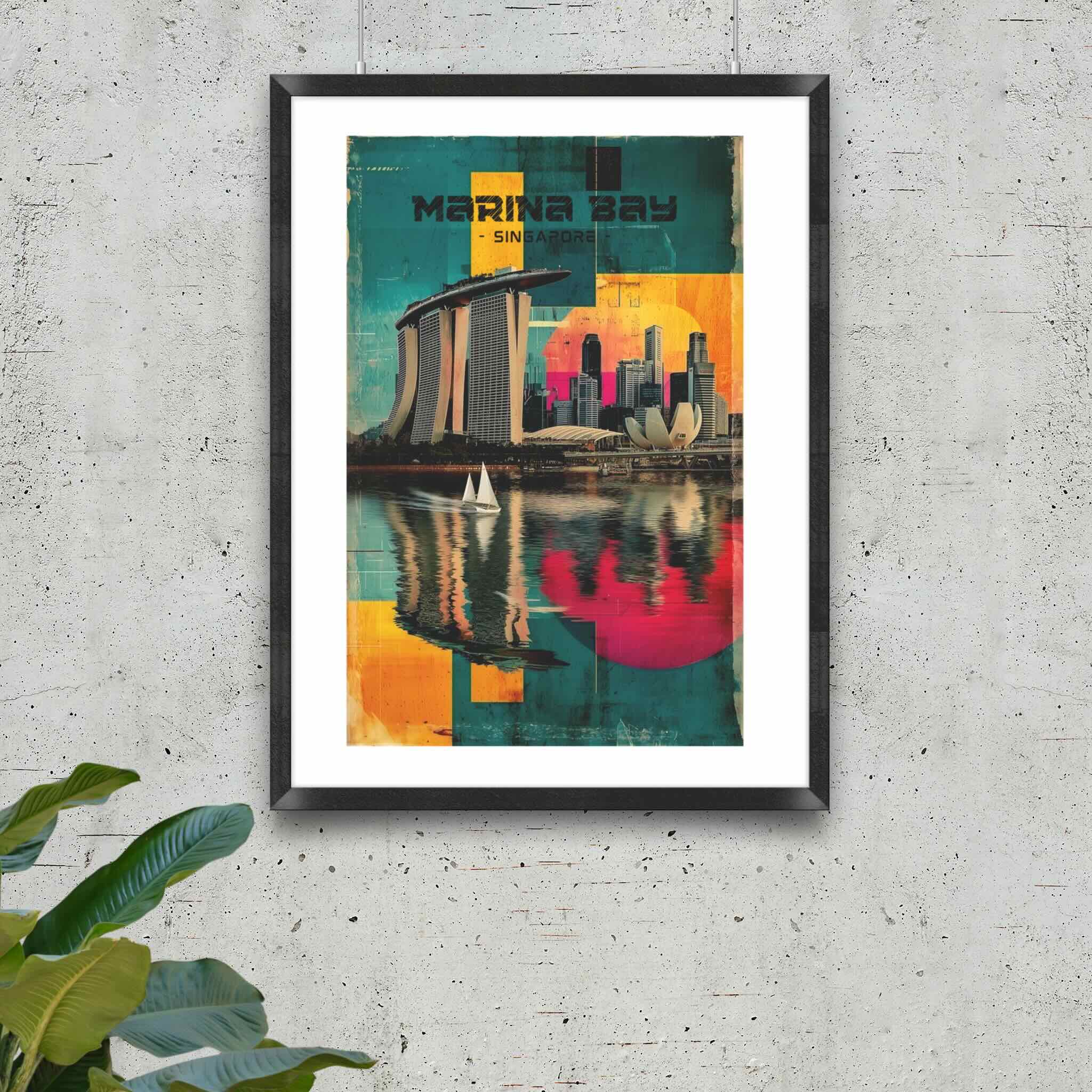 Modern urban wall art featuring Marina Bay Sands and cityscape in black frame