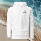 Close-up of bold tropical wave front DTG graphic on Ghost unisex hoodie