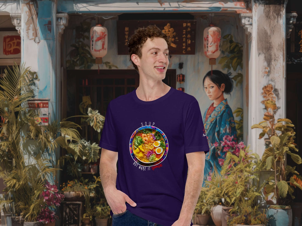 Model wearing Soup But Make It Savage tee in urban setting