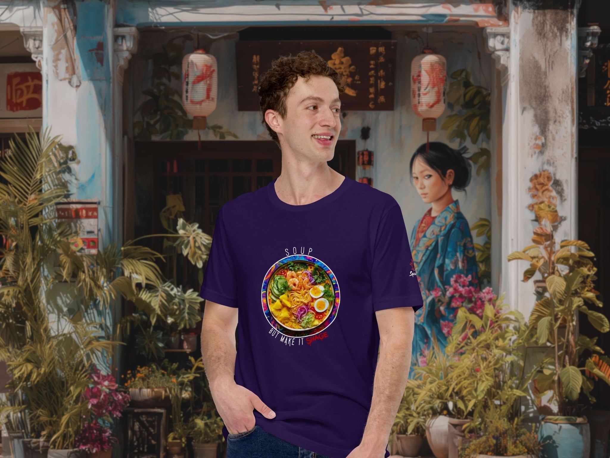 Model wearing Soup But Make It Savage tee in urban setting