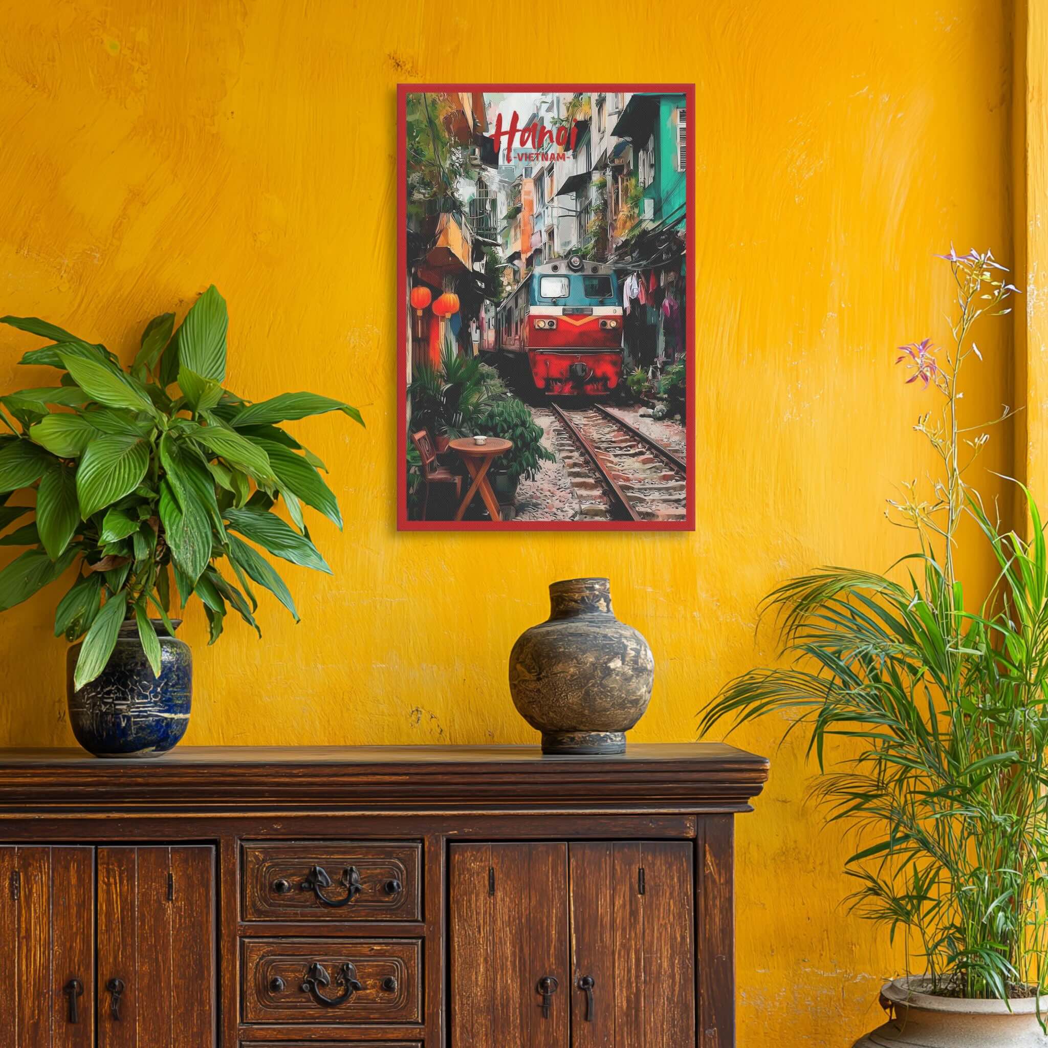 Expressive Asian city life scene on premium canvas against yellow wall