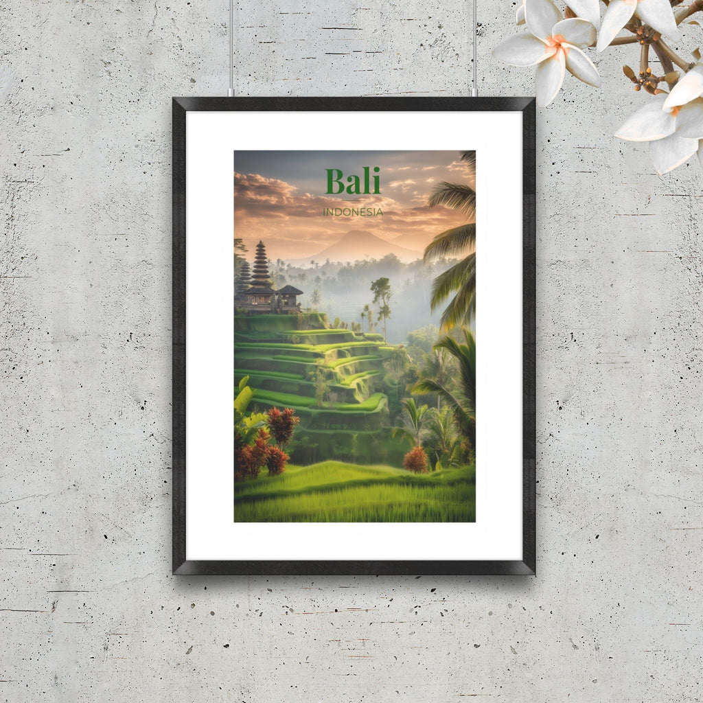 Tropical Bali landscape art print with morning mist and palm trees