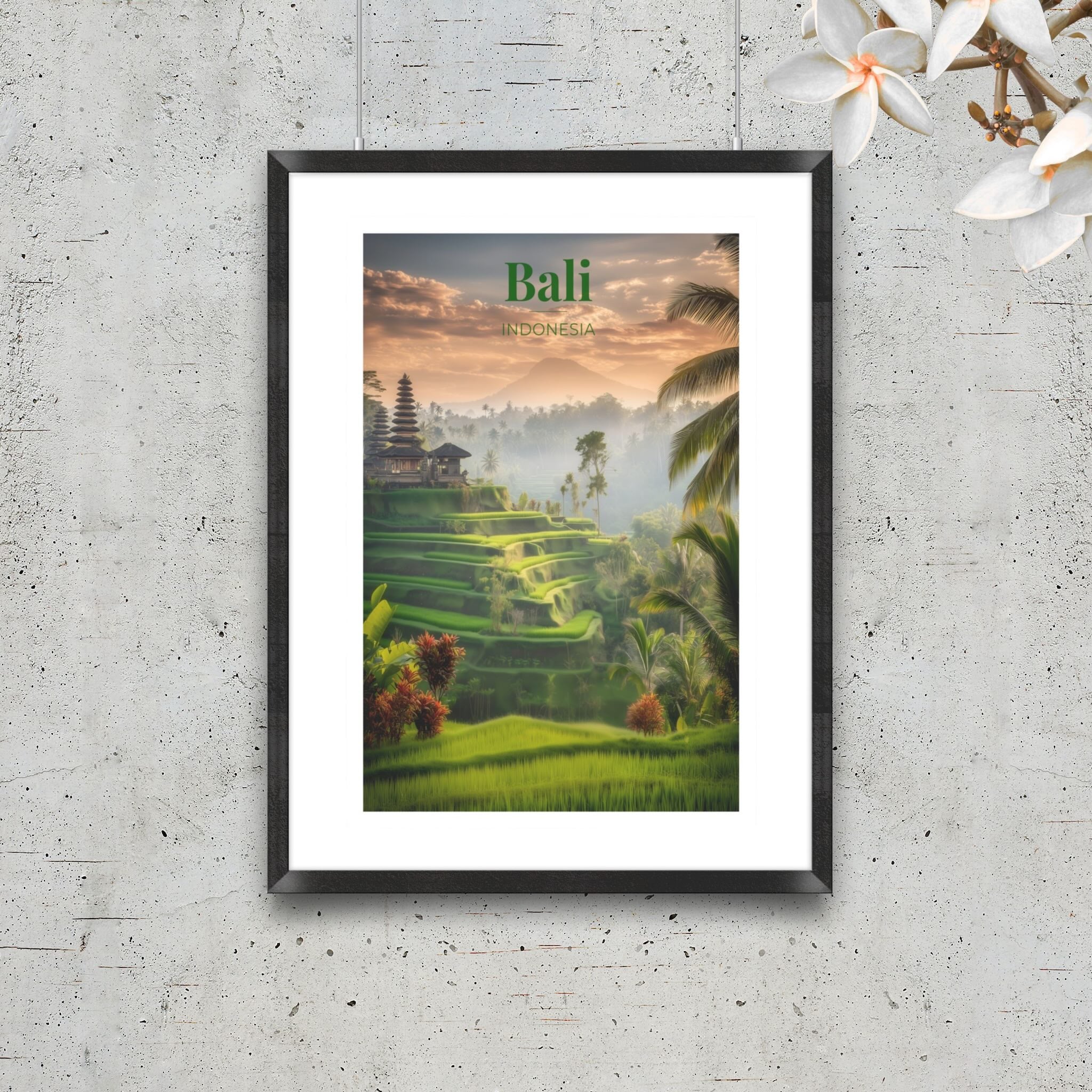 Tropical Bali landscape art print with morning mist and palm trees