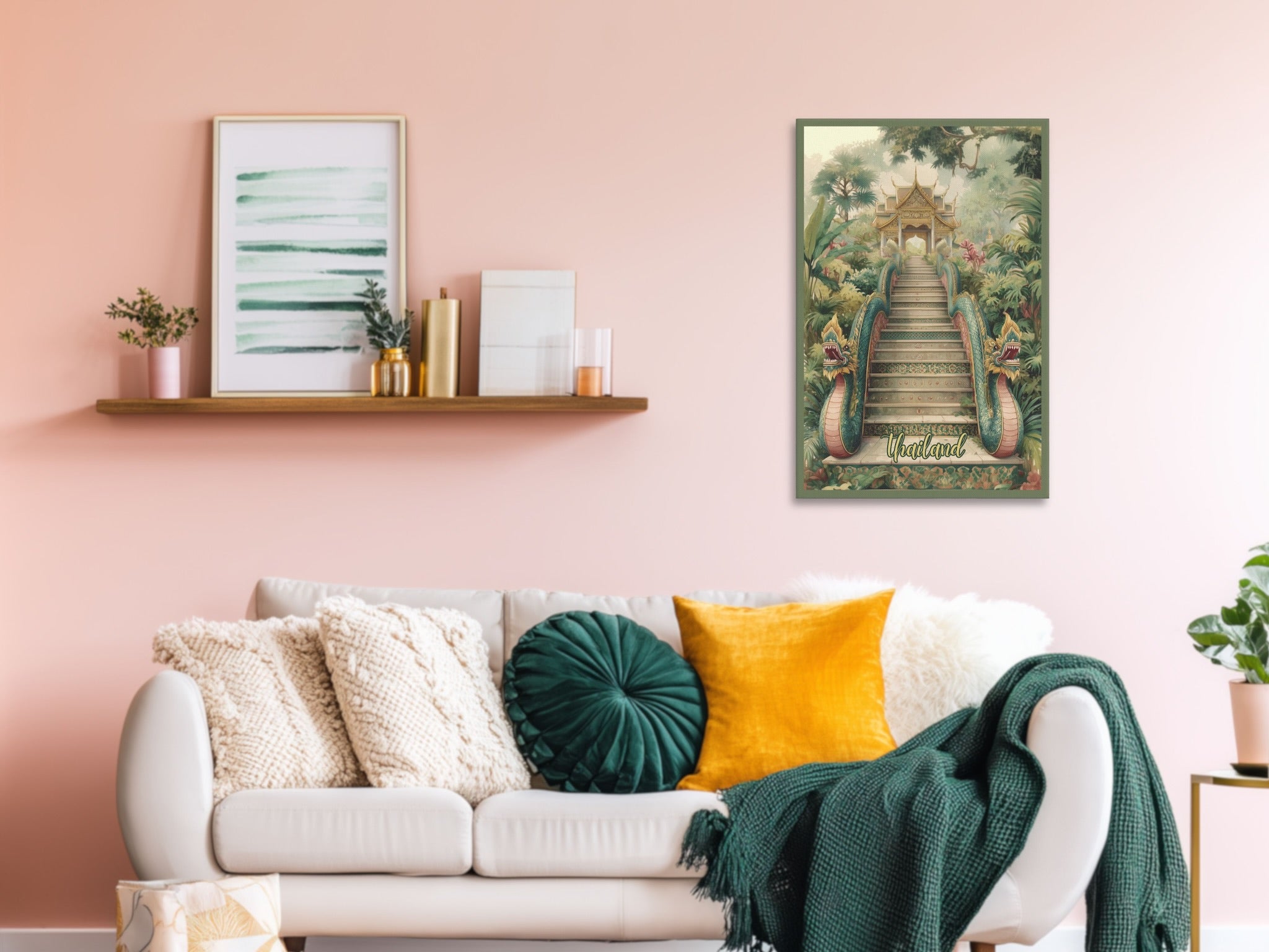 Travel-inspired jungle temple canvas in living room