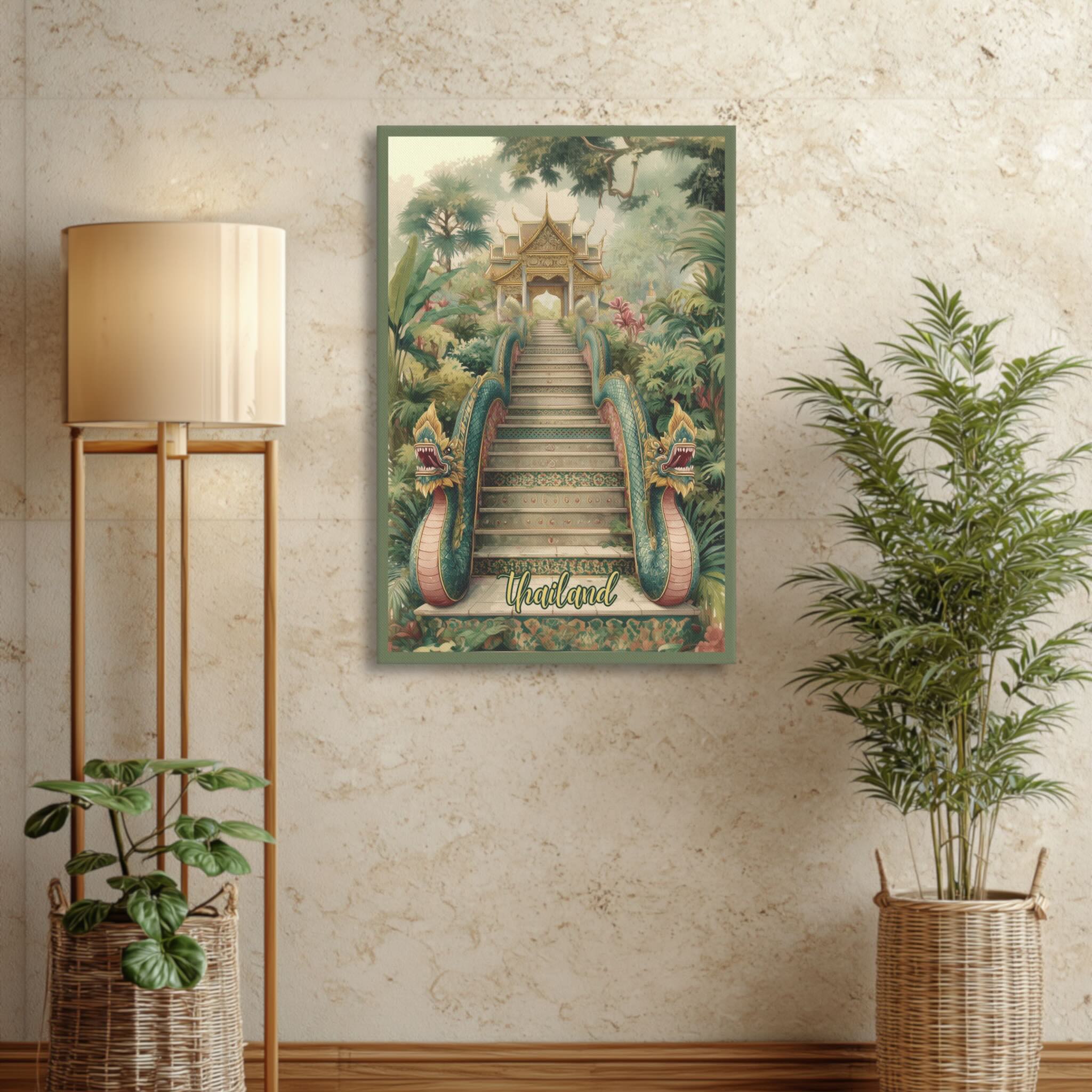 Southeast Asian spiritual and cultural temple canvas on living room wall