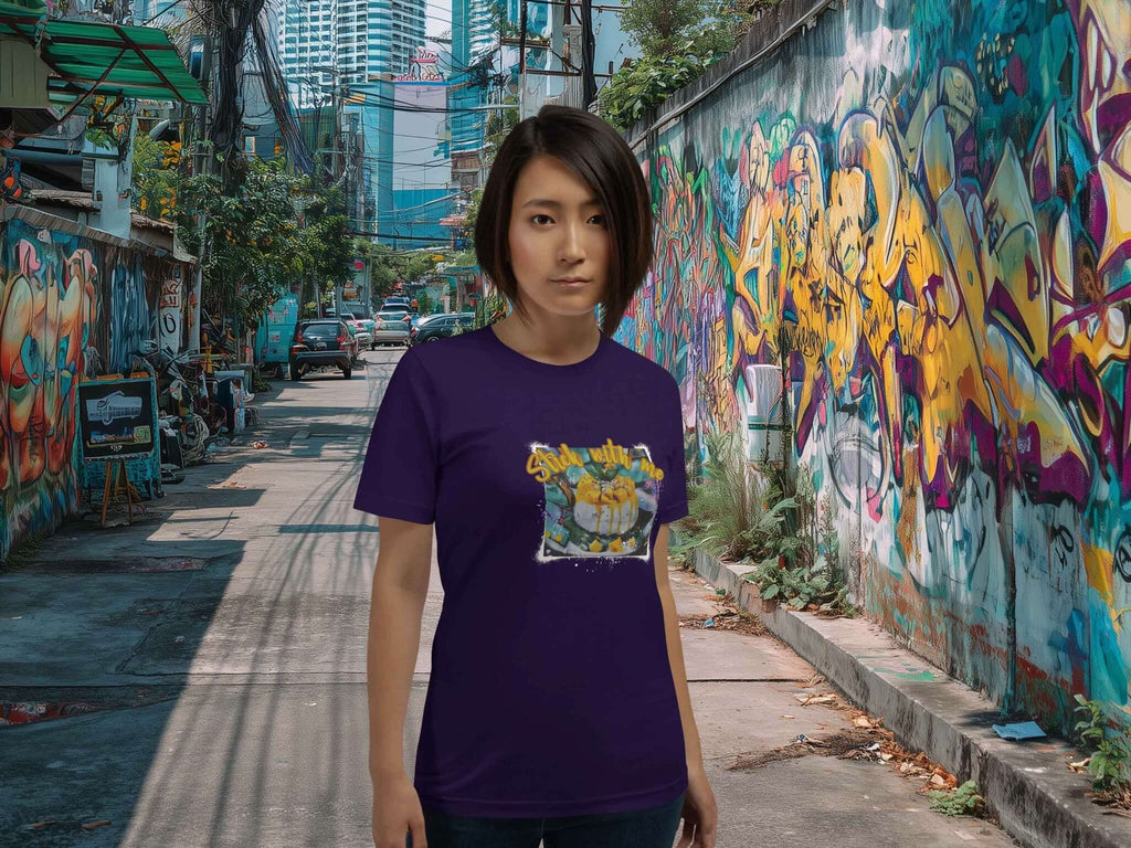 Person wearing a purple t-shirt with a graphic design in an urban setting with graffiti.