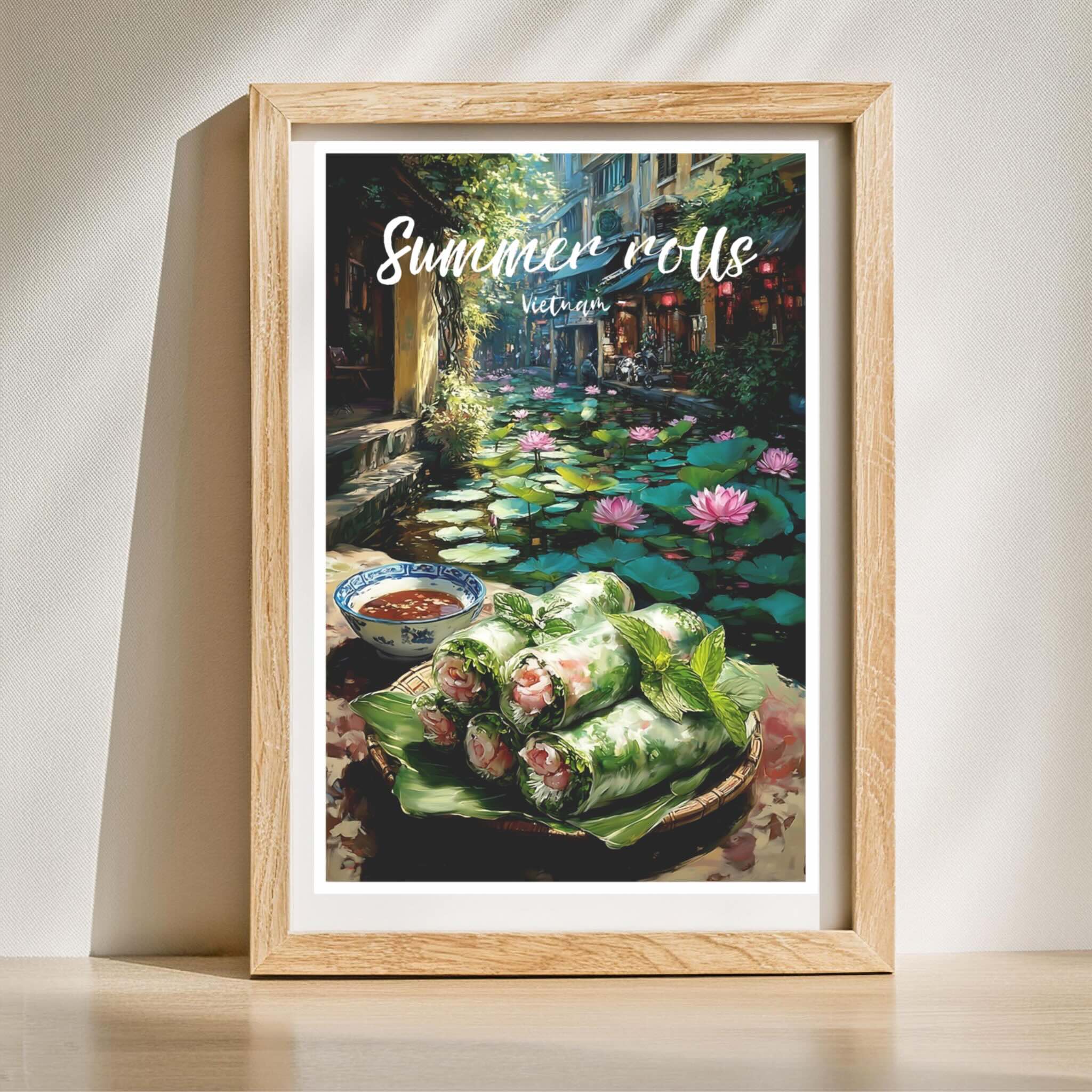 Vietnamese summer rolls poster standing in wooden frame