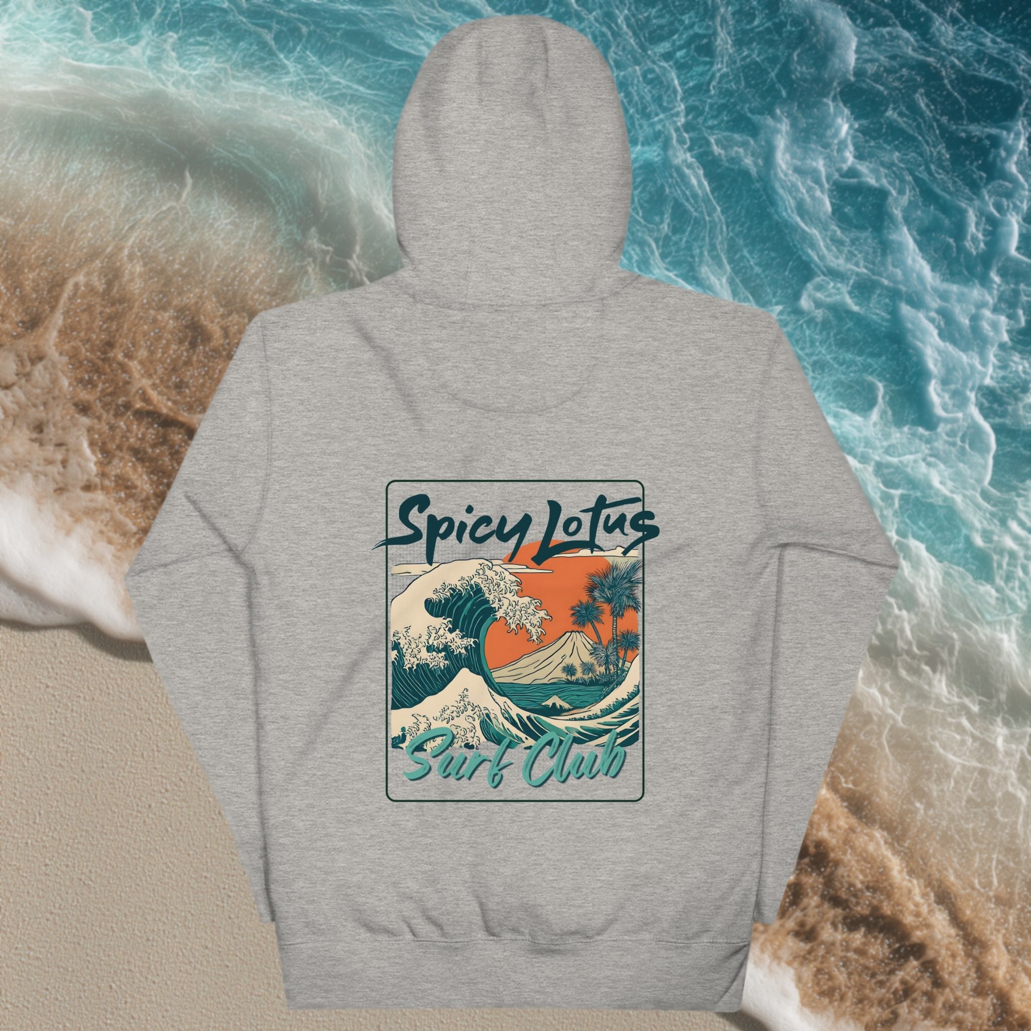 Close-up of bold tropical wave back DTG graphic on Flatlay unisex hoodie
