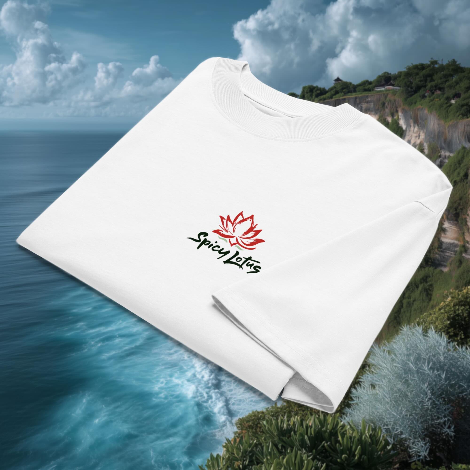 Folded Spicy Lotus Sunrise Wave tee showing chest Logo design