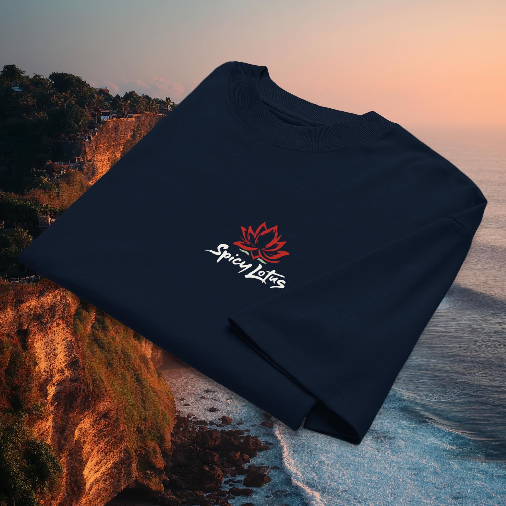 Folded Spicy Lotus Midnight Wave tee showing full chest Logo design