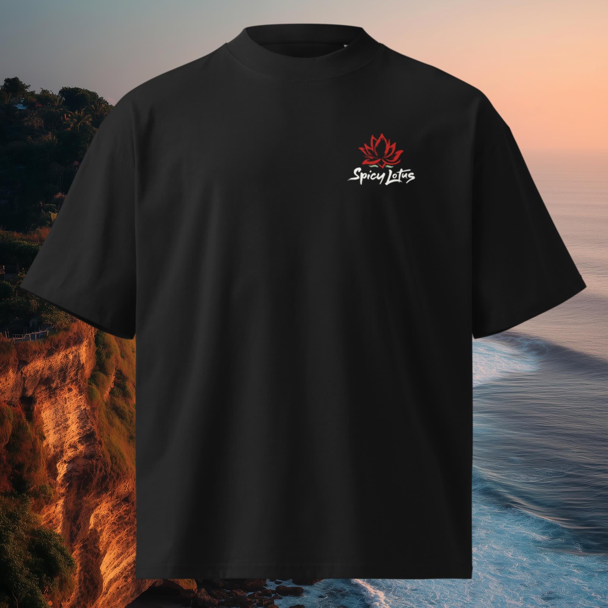 Small front chest logo on Midnight Wave oversized organic tee