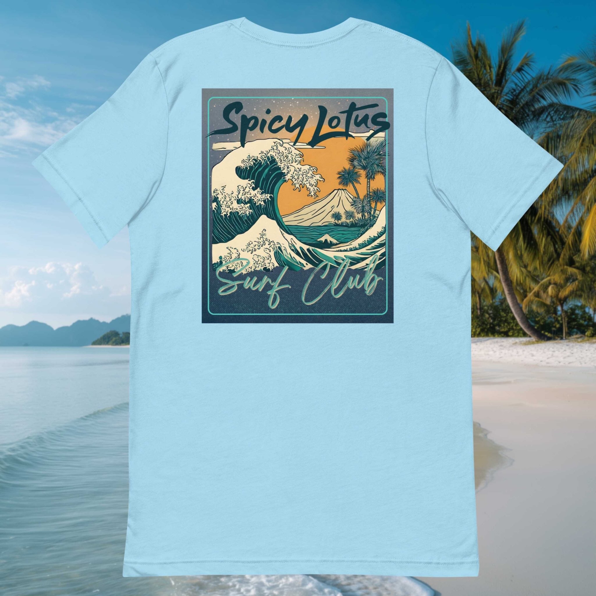 Back Bella+Canvas 3001 unisex DTG print flatlay T-shirt in front of tropical beach background