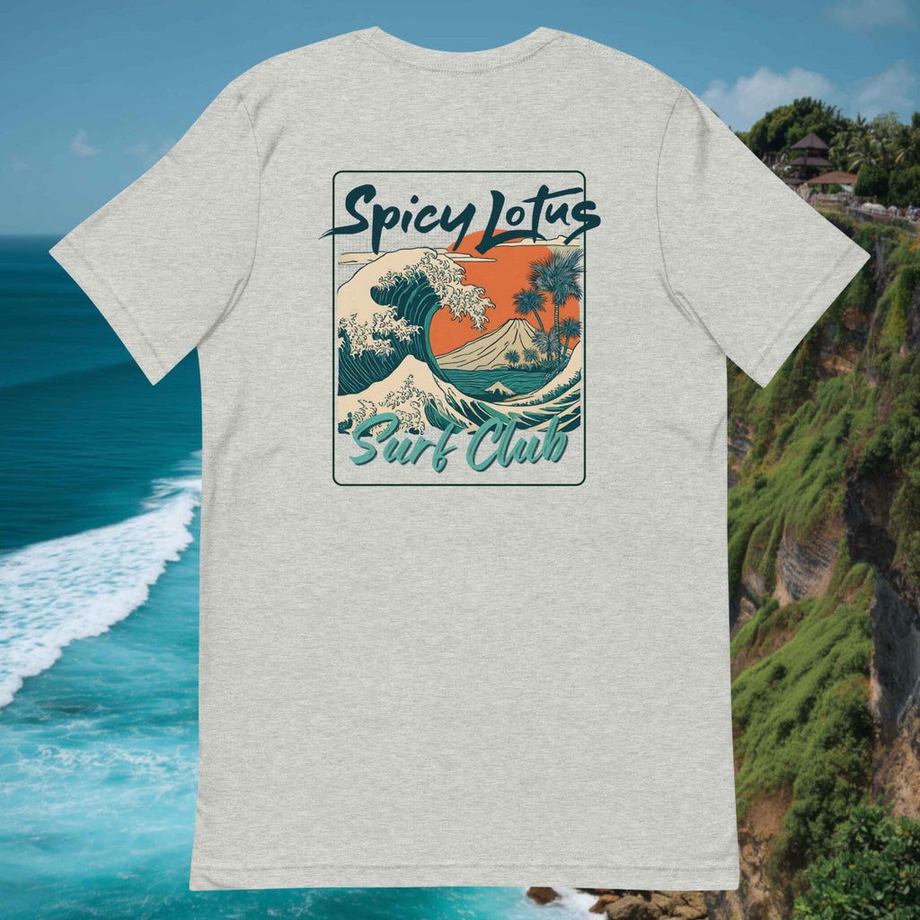 Surf and waves Back DTG print Bella+Canvas 3001 unisex flatlay T-shirt in front of Uluwatu cliffs in Bali