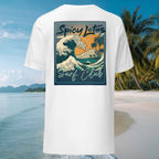 White t-shirt with 'Spicy Lotus Surf Club' graphic on a beach
