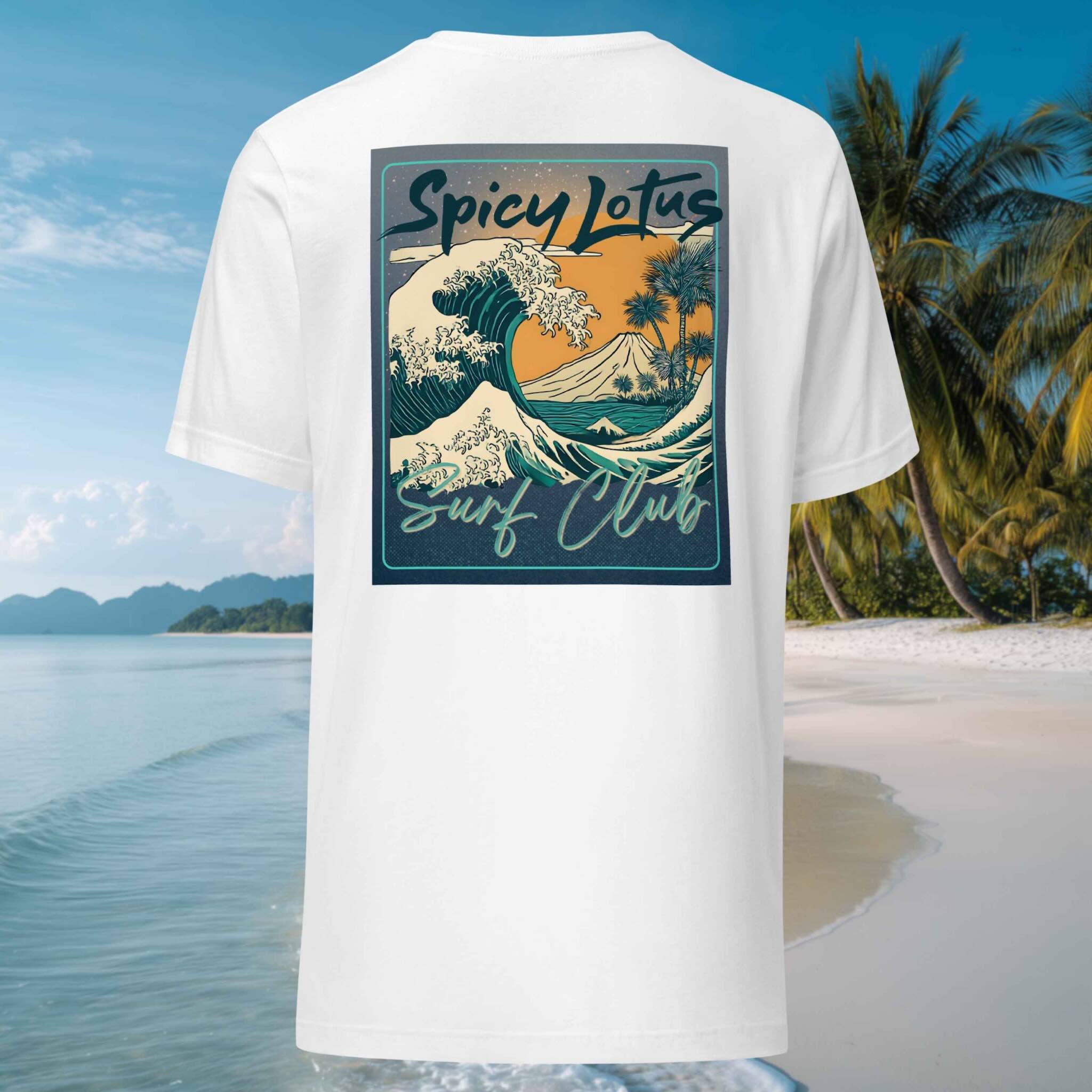 White t-shirt with 'Spicy Lotus Surf Club' graphic on a beach