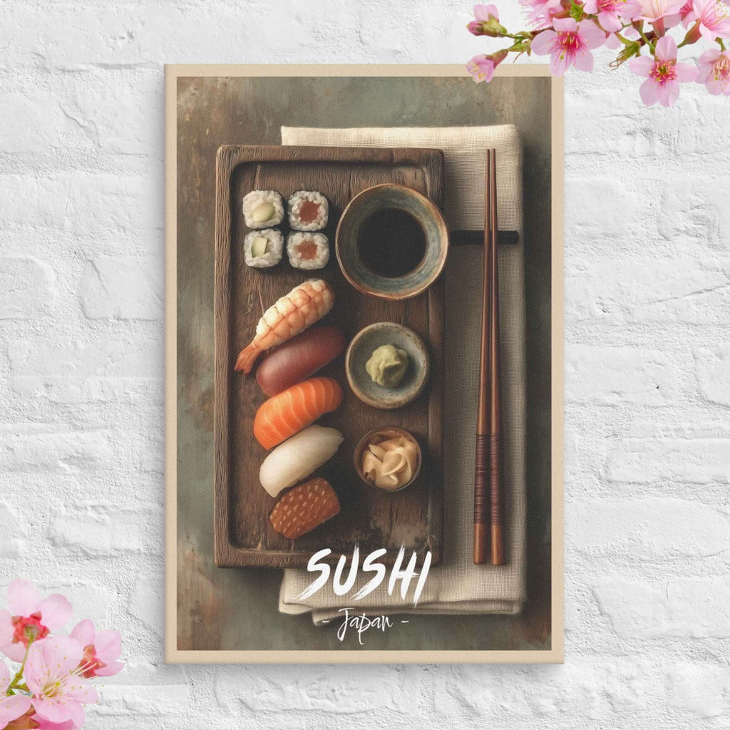 Minimalist Japanese sushi canvas with nigiri and maki overhead