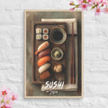 Minimalist Japanese sushi canvas with nigiri and maki overhead