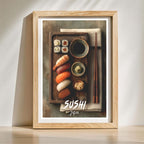 Top-down sushi arrangement illustration poster standing in wooden frame