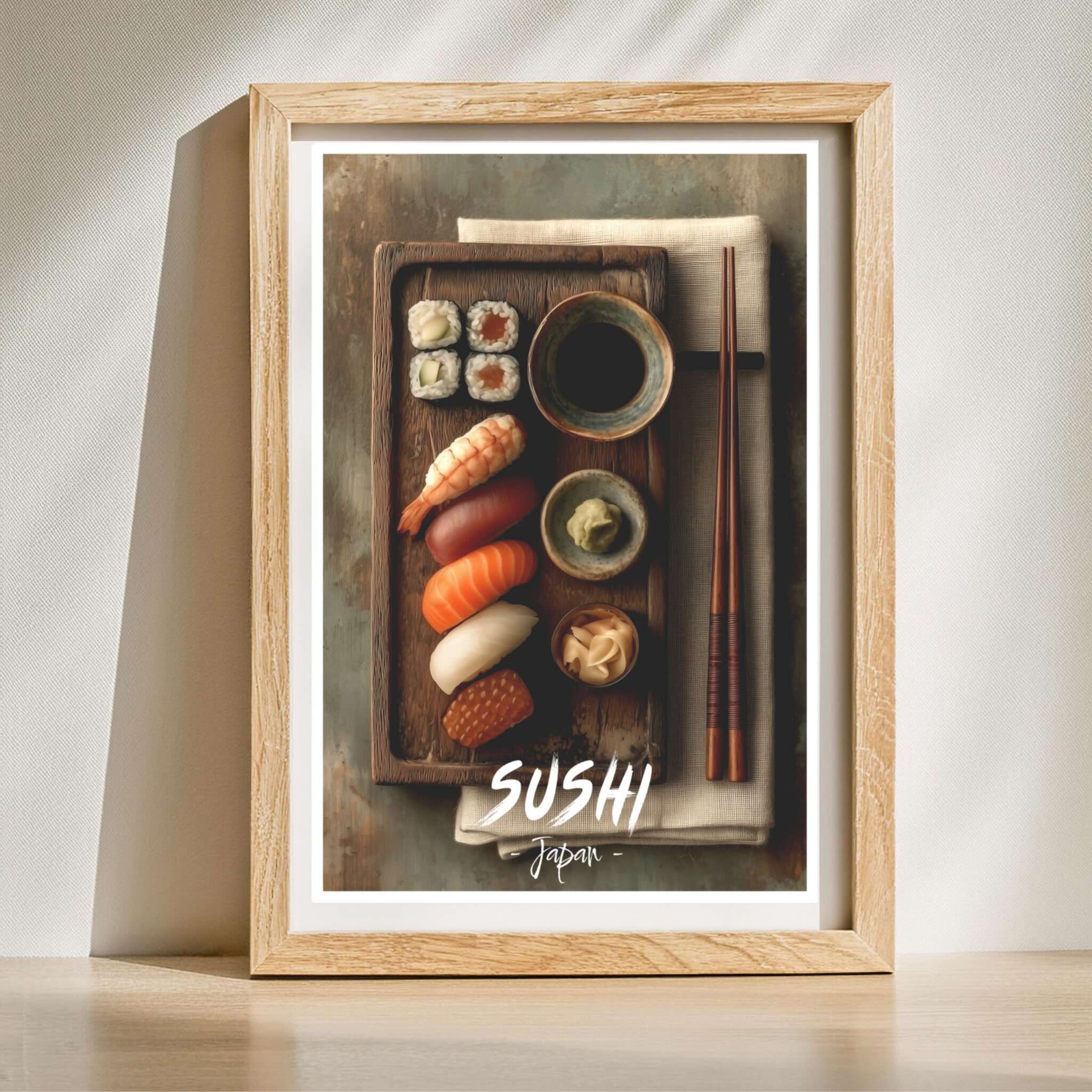 Top-down sushi arrangement illustration poster standing in wooden frame