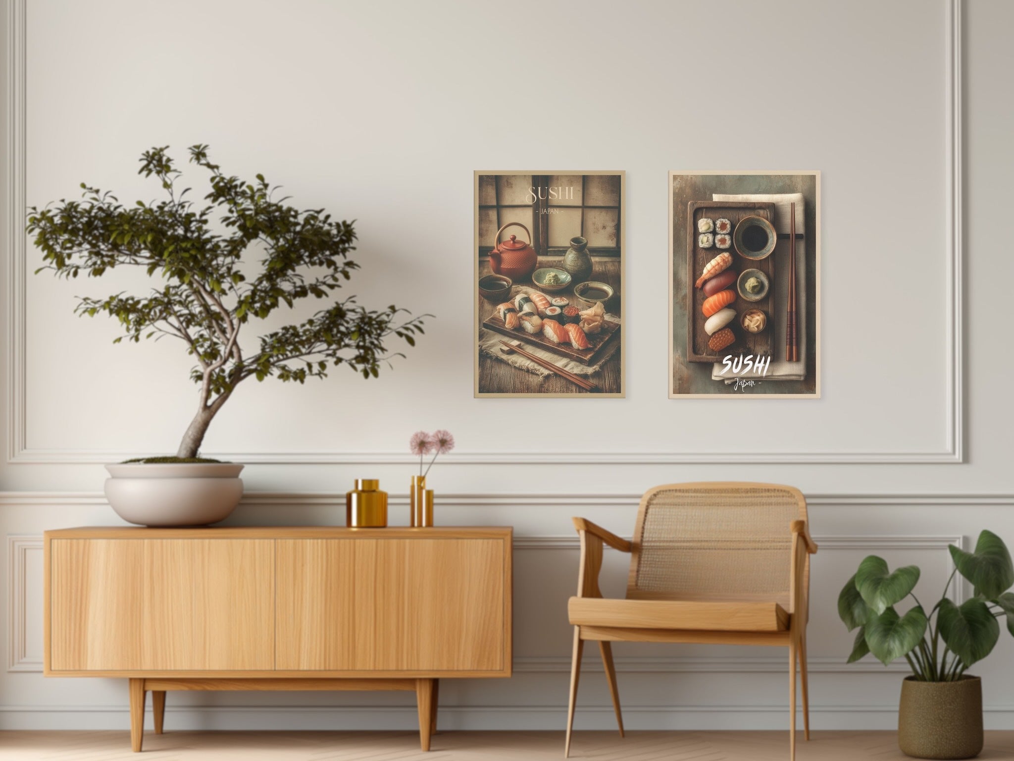 Two Japanese sushi food wall art canvas on dining room wall