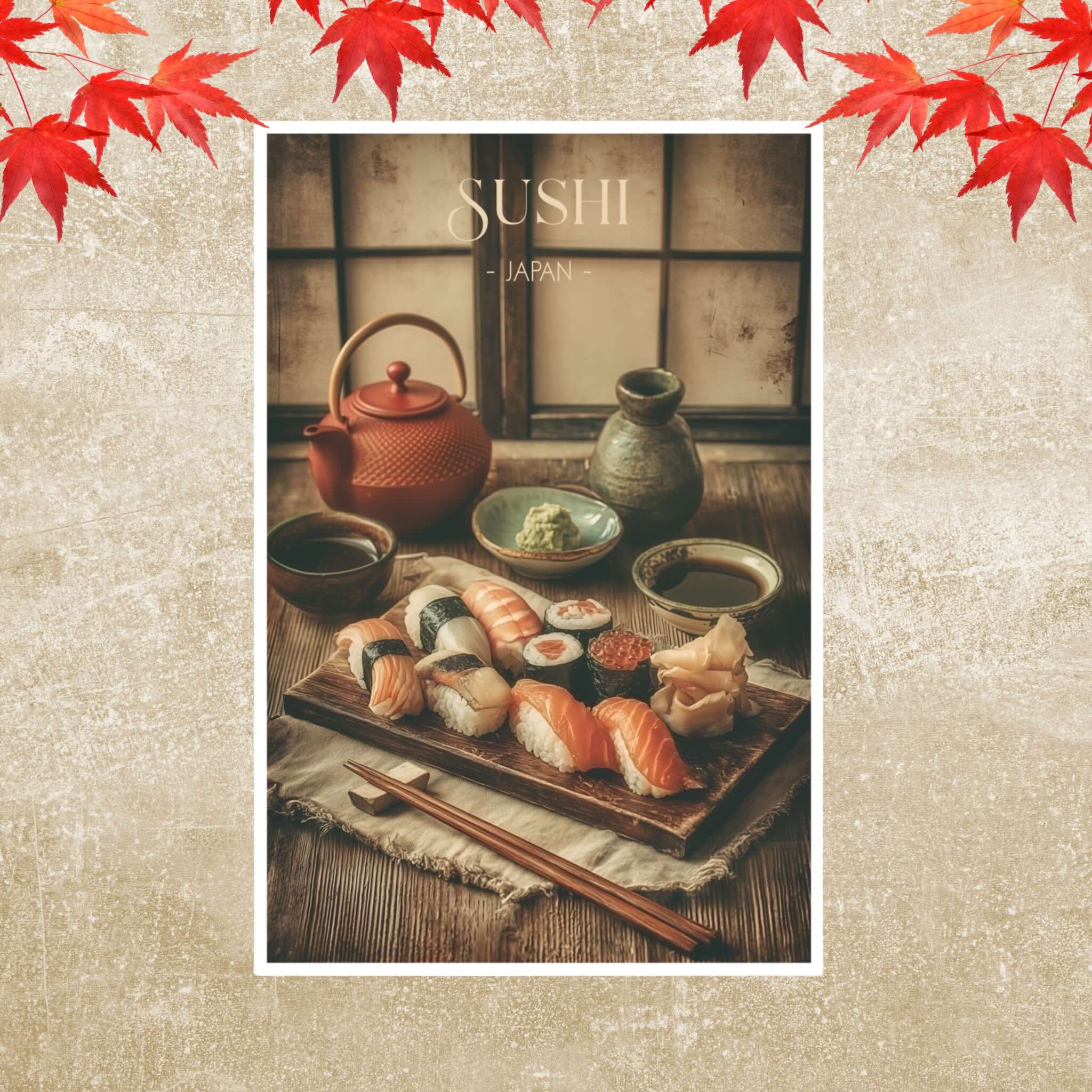 Wabi-Sabi inspired Japanese sushi food illustration poster