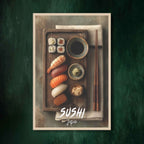 Minimalist Japanese sushi canvas with top down view on green wall