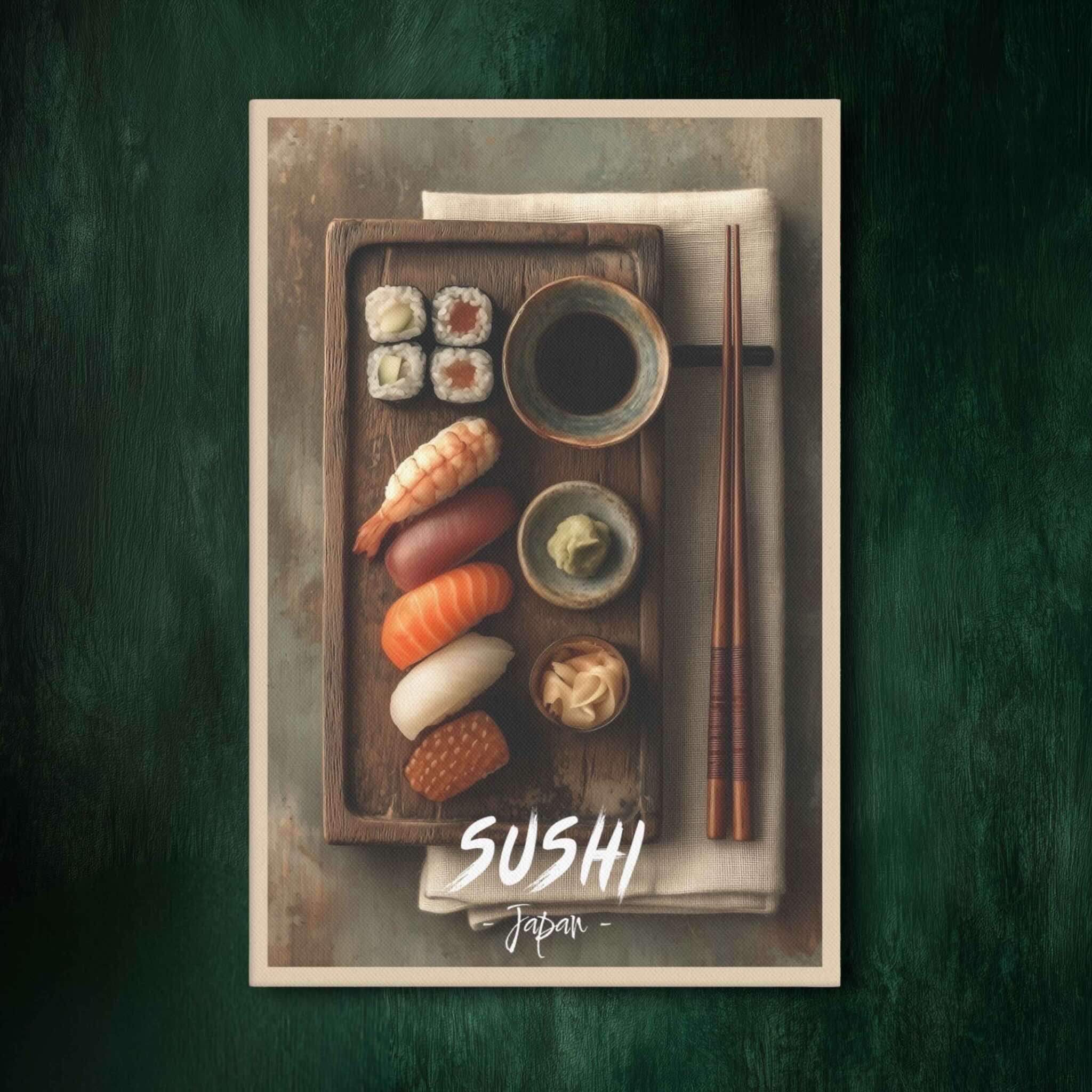 Minimalist Japanese sushi canvas with top down view on green wall