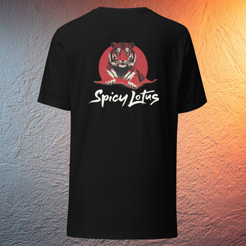 Black t-shirt with a tiger graphic and 'Spicy Lotus' text on a textured wall background